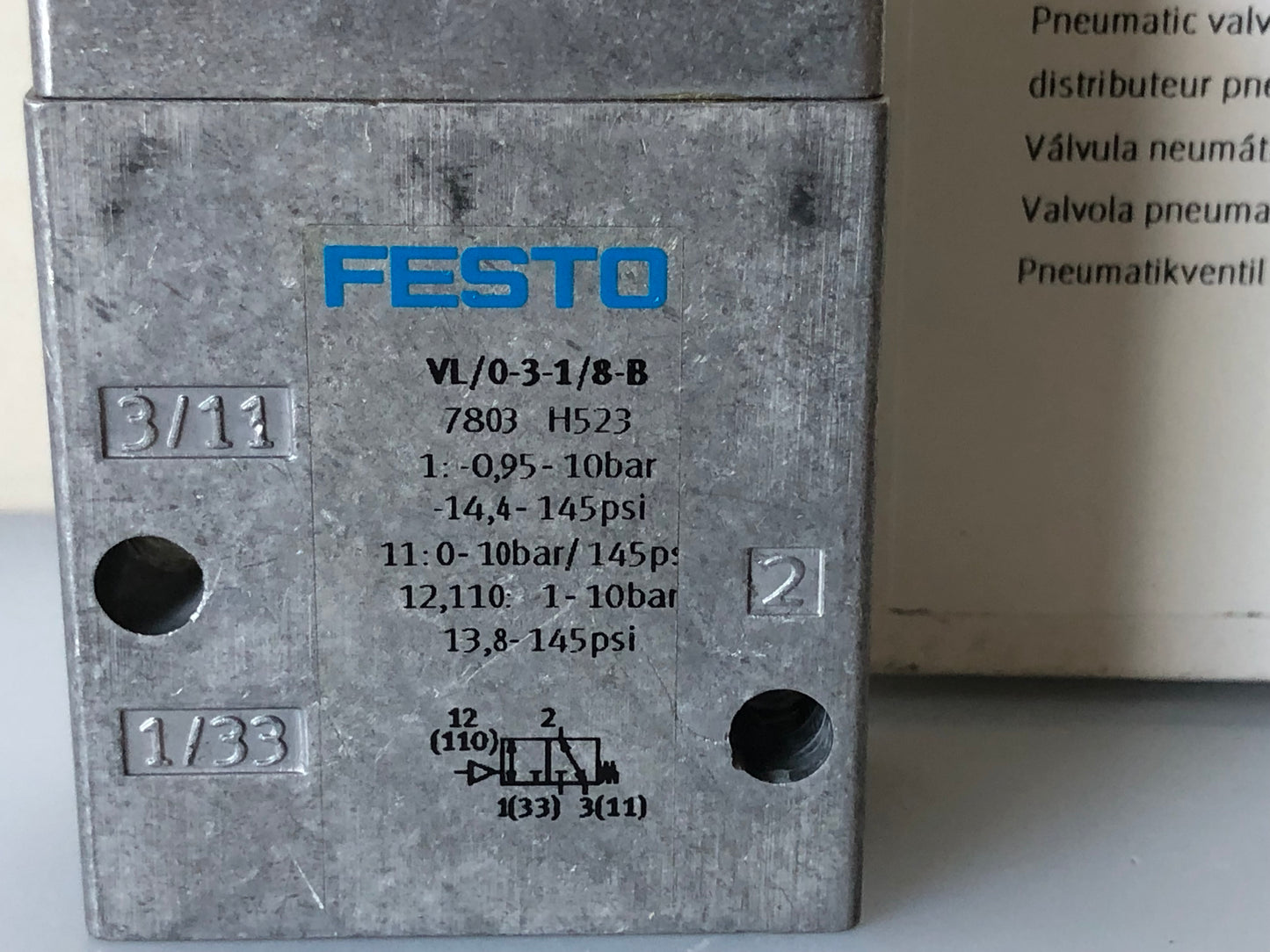 1x NEW Festo VL/0-3-1/8-B 7803 Pneumatic Valve – 3/2 Way Manual 1/8" Port
