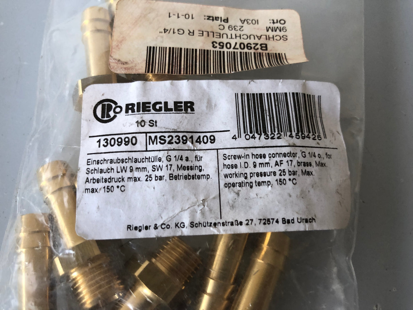 Lot of 19 Riegler 130990 Quick Couplings MS2391409 – Pneumatic Brass Fittings