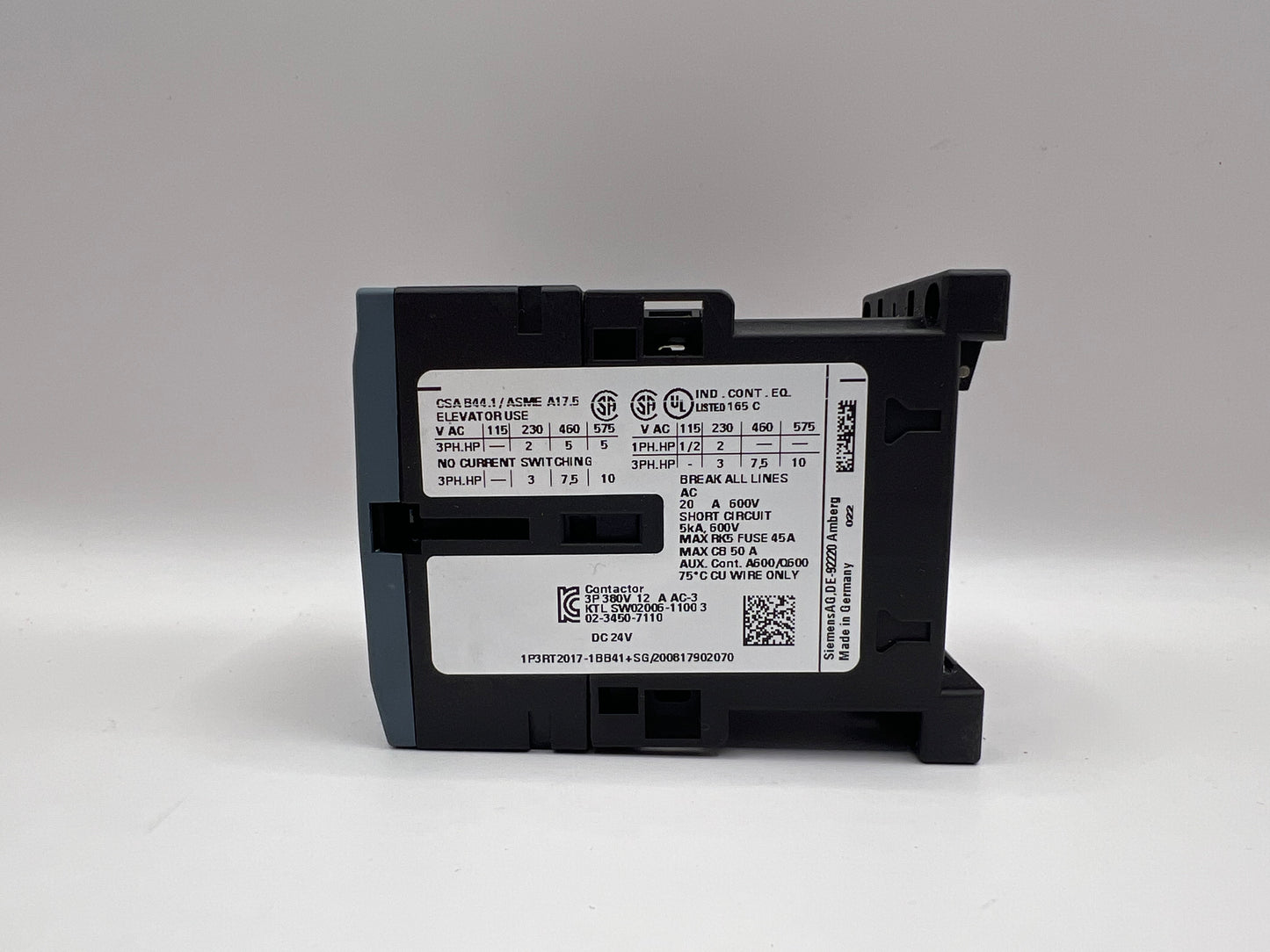 1x Siemens SIRIUS 3RT2017-1BB41 Contactor 24V AC Coil 3-Pole 9A