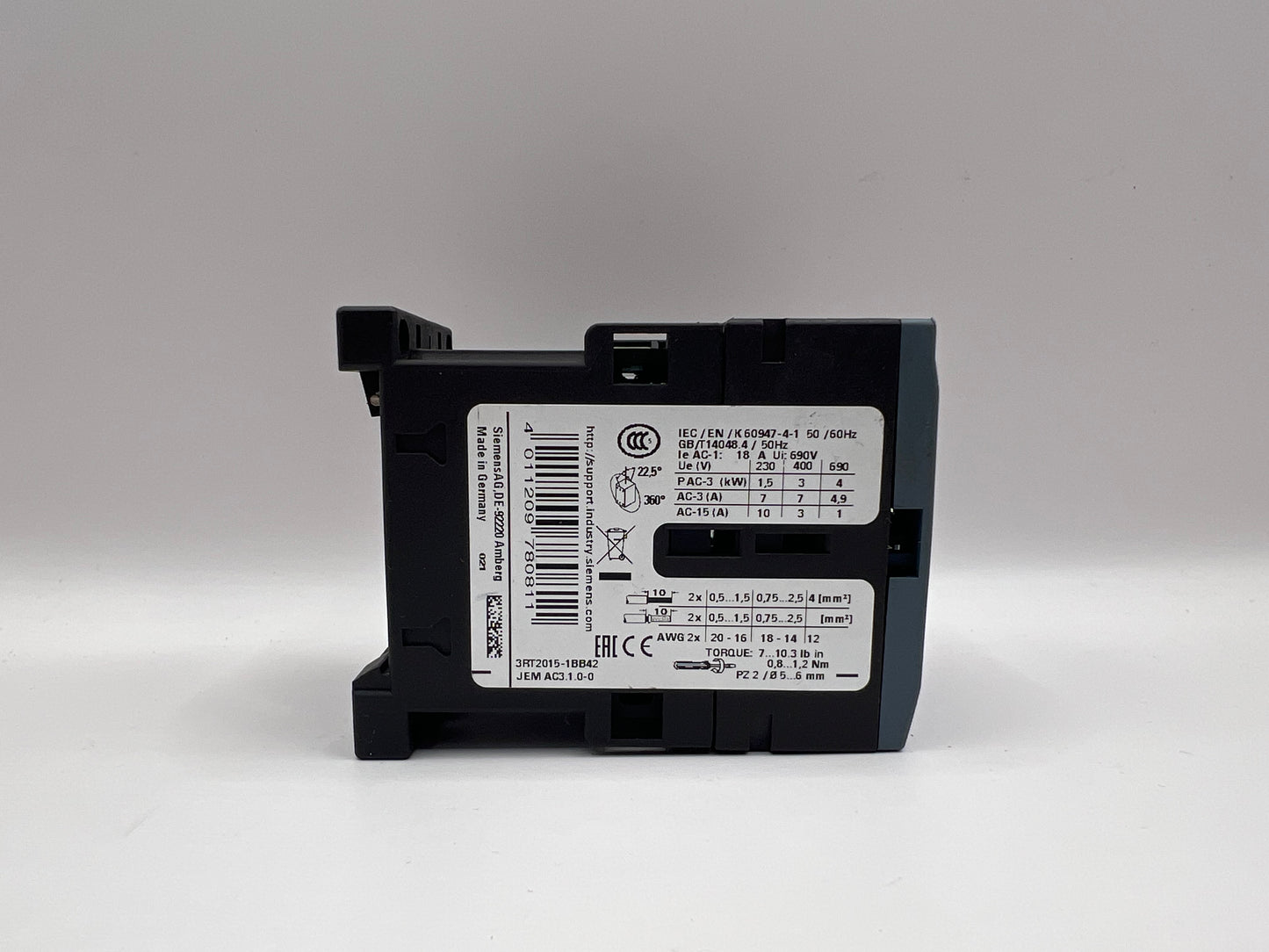 Siemens SIRIUS 3RT2015-1BB42 Contactor 24V AC Coil 3-Pole 7A