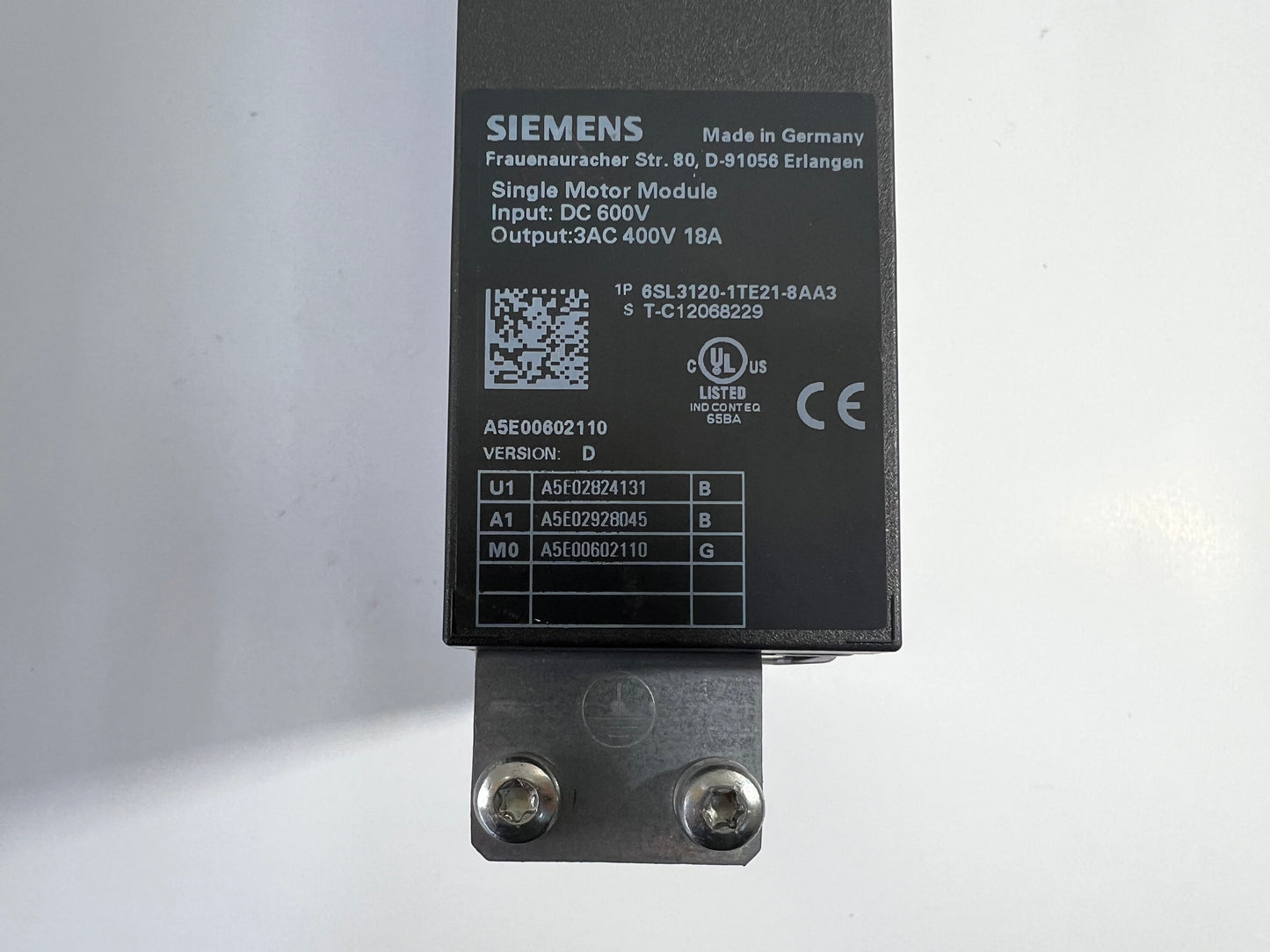 1x Siemens 6SL3120-1TE21-8AA3 6SL3 120-1TE21-8AA3 SINAMICS S120 Single Motor Module