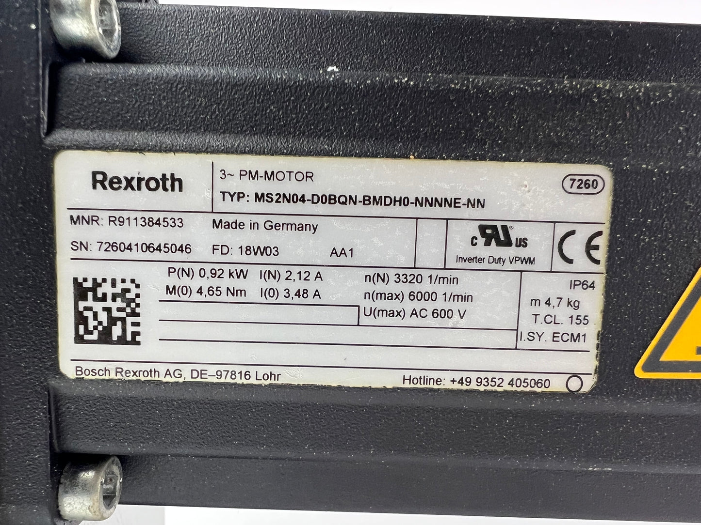 Rexroth R030520401 CKK-145-NN-1 Compact Module + R911384533 MS2N04-D0BQN-BMDH0-NNNNE-NN Motor + 2 Cables + 2 Sensors