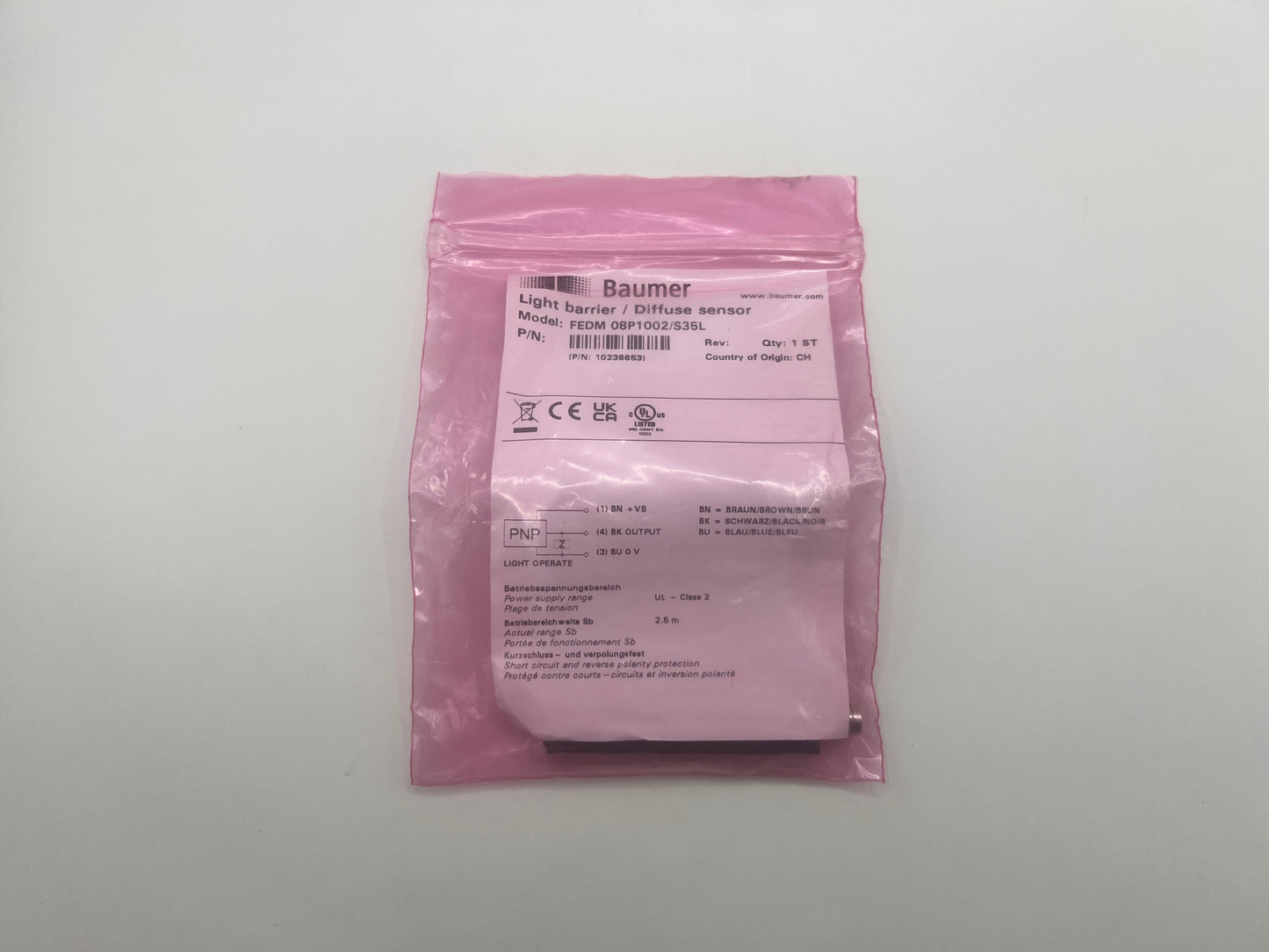 Baumer FEDM 08P1002/S35L Through-Beam Sensor 10–30VDC M8 3-Pin