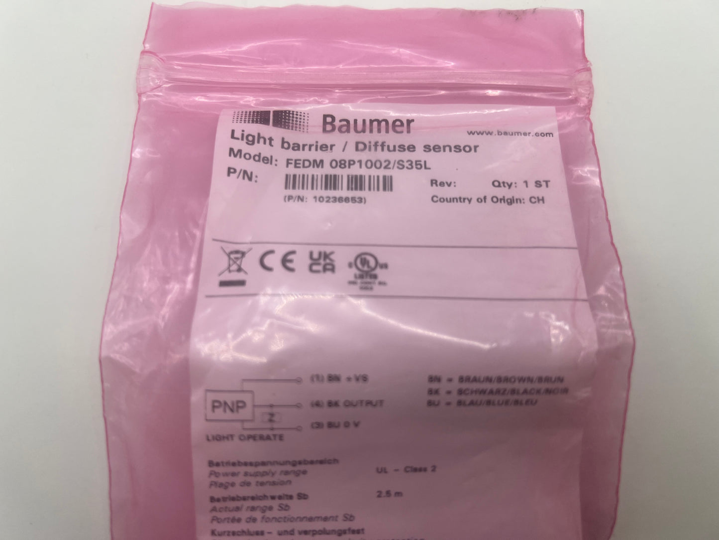Baumer FEDM 08P1002/S35L Through-Beam Sensor 10–30VDC M8 3-Pin