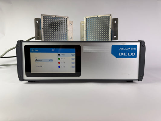 DELO DELOLUX pilot A4T Control Unit + 2× DELOLUX 20/400 A2 LED Heads – Complete UV Light Curing System