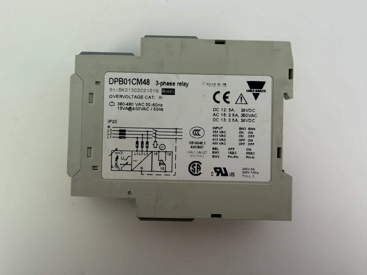 1x Carlo Gavazzi DPB01CM48 3-Phase Voltage Relay 380–480 VAC