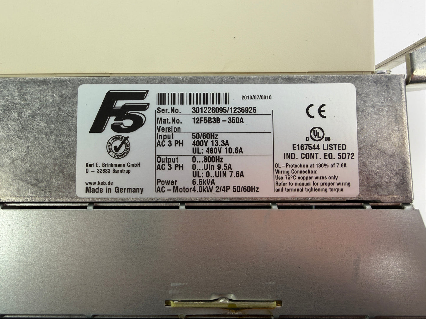 1x KEB 12F5B3B-350A Frequency Inverter, 6.6 kVA, 4.0 kW, 3-Phase, 400 V