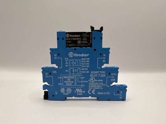 Lot of 2 Finder 93.01.7.024 Relay Sockets + 34.51.7.024.0010 24V 6A Relays