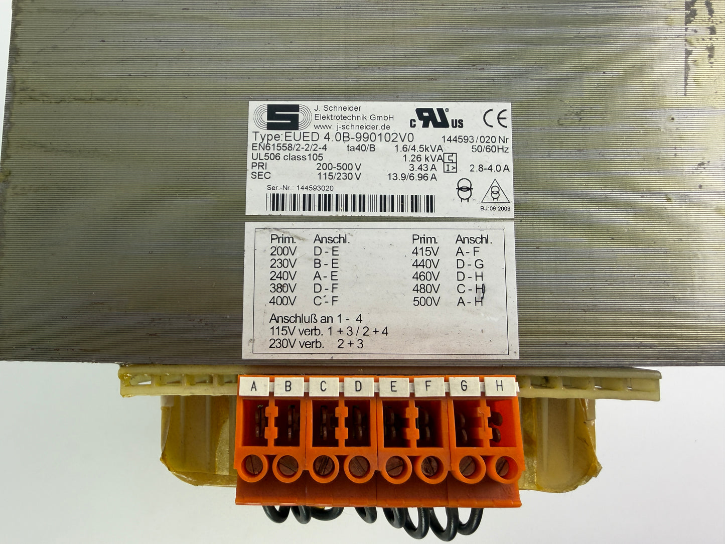 1x J. Schneider EUED-4.0B-990102V0 Transformer 200–500V to 115/230V 1.6/4.5 kVA