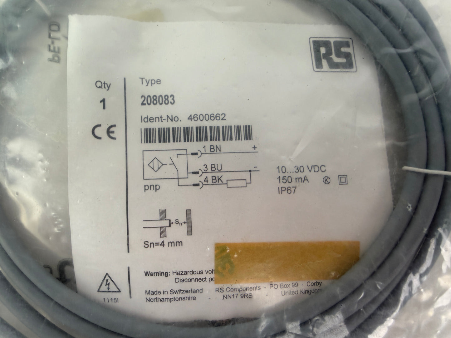 RS 208083 Inductive Proximity Sensor 4mm PNP 10-30VDC IP67 M8 Cable
