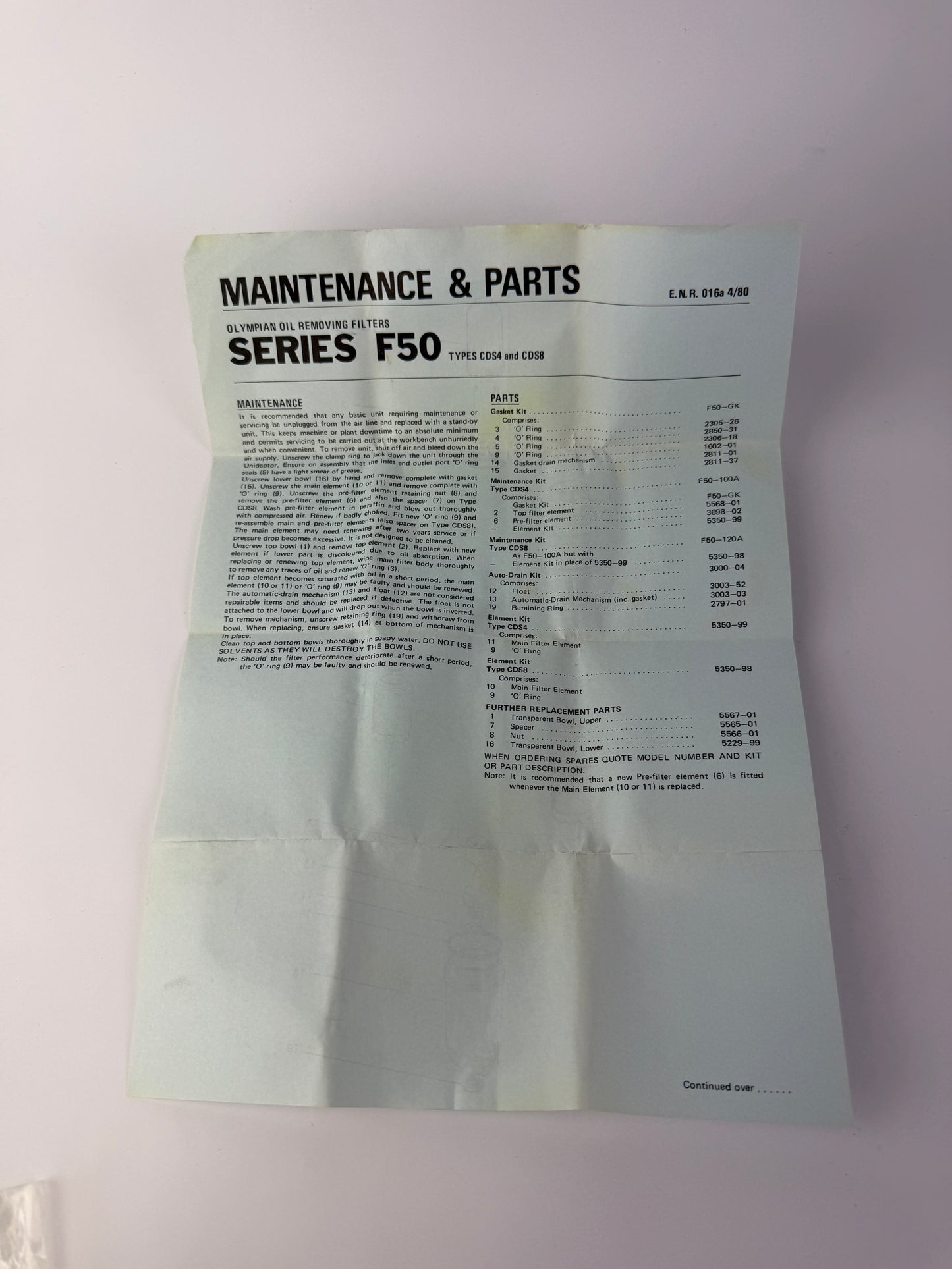 Olympian F50 Oil Removing Filter Elements CDS4 CDS8 Series F50