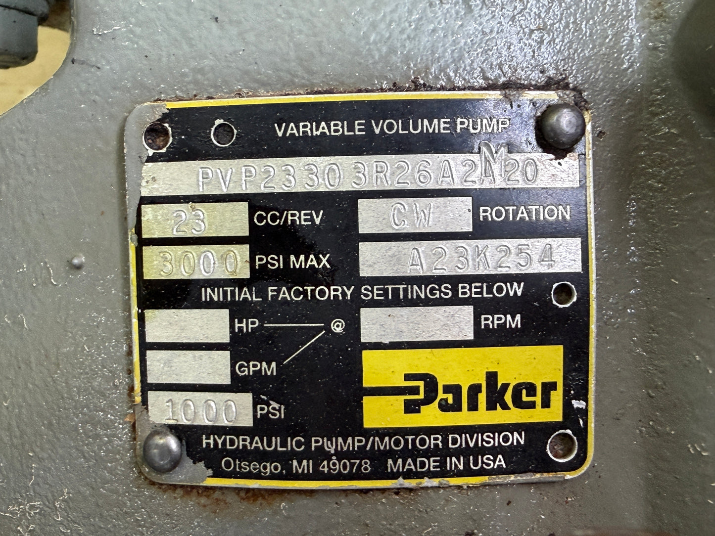 Parker PVP23303R26A2A20 Hydraulic Piston Pump + Baldor CM2333T 15HP Motor 230/460V