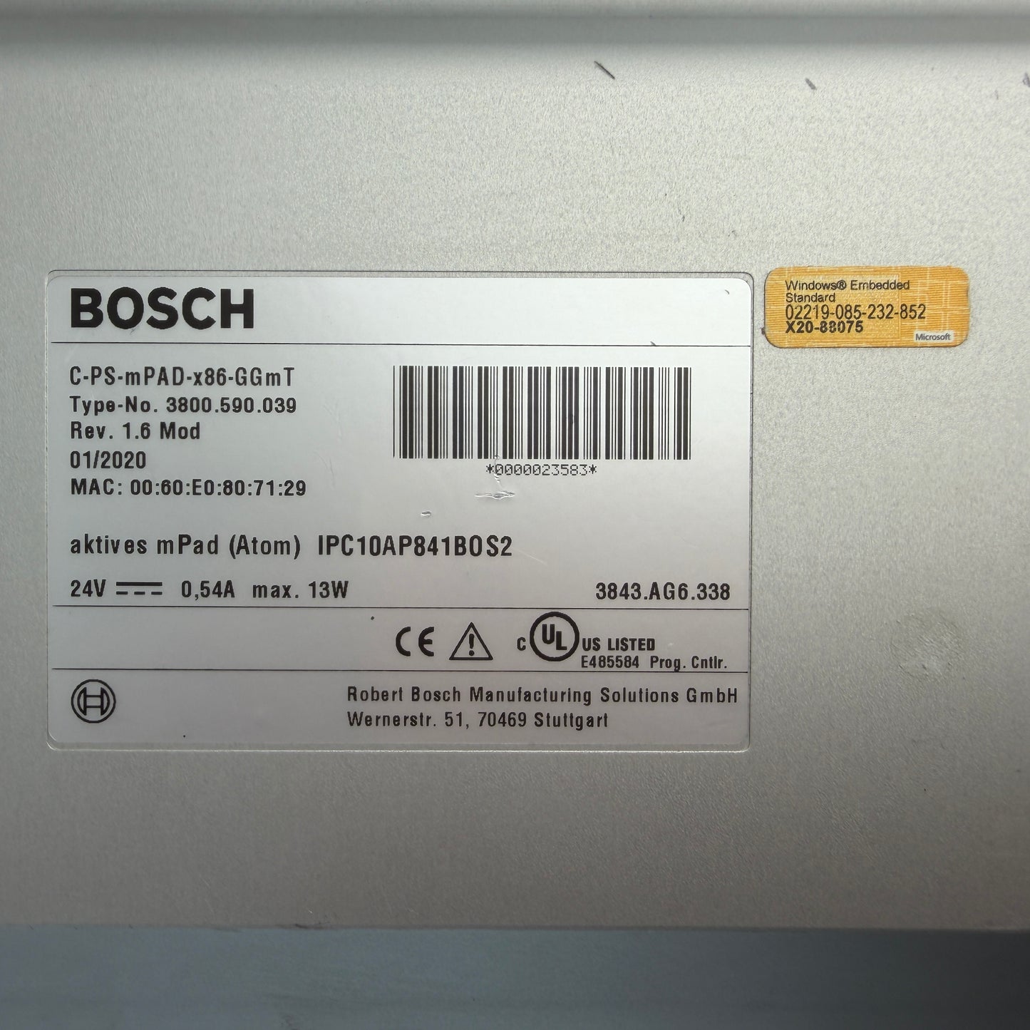 Bosch mPad C-PS-mPAD-x86-GGmT 3800.590.039 HMI Touch Panel w/ Mount Rev.1.6