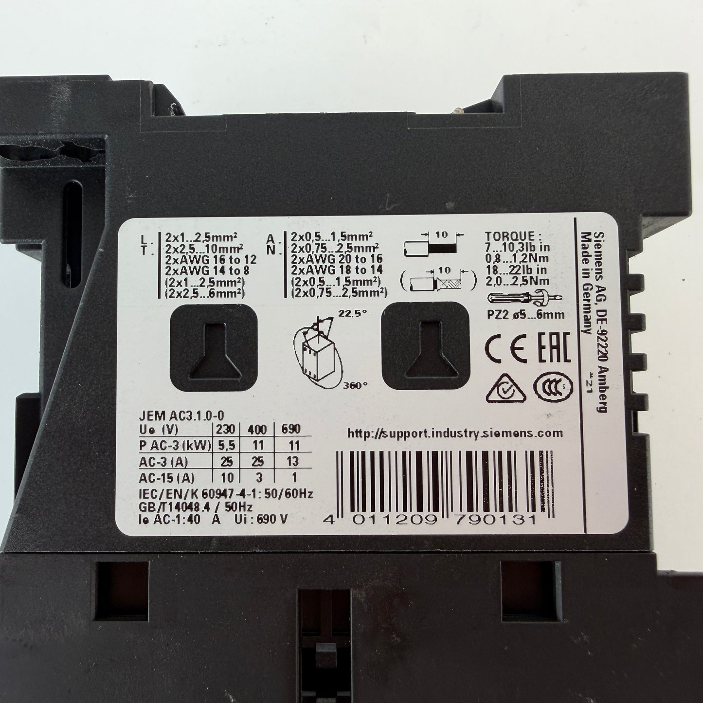 Siemens 3RT2026-1BB40 Sirius Contactor 24V DC 11kW 1NO+1NC 25A
