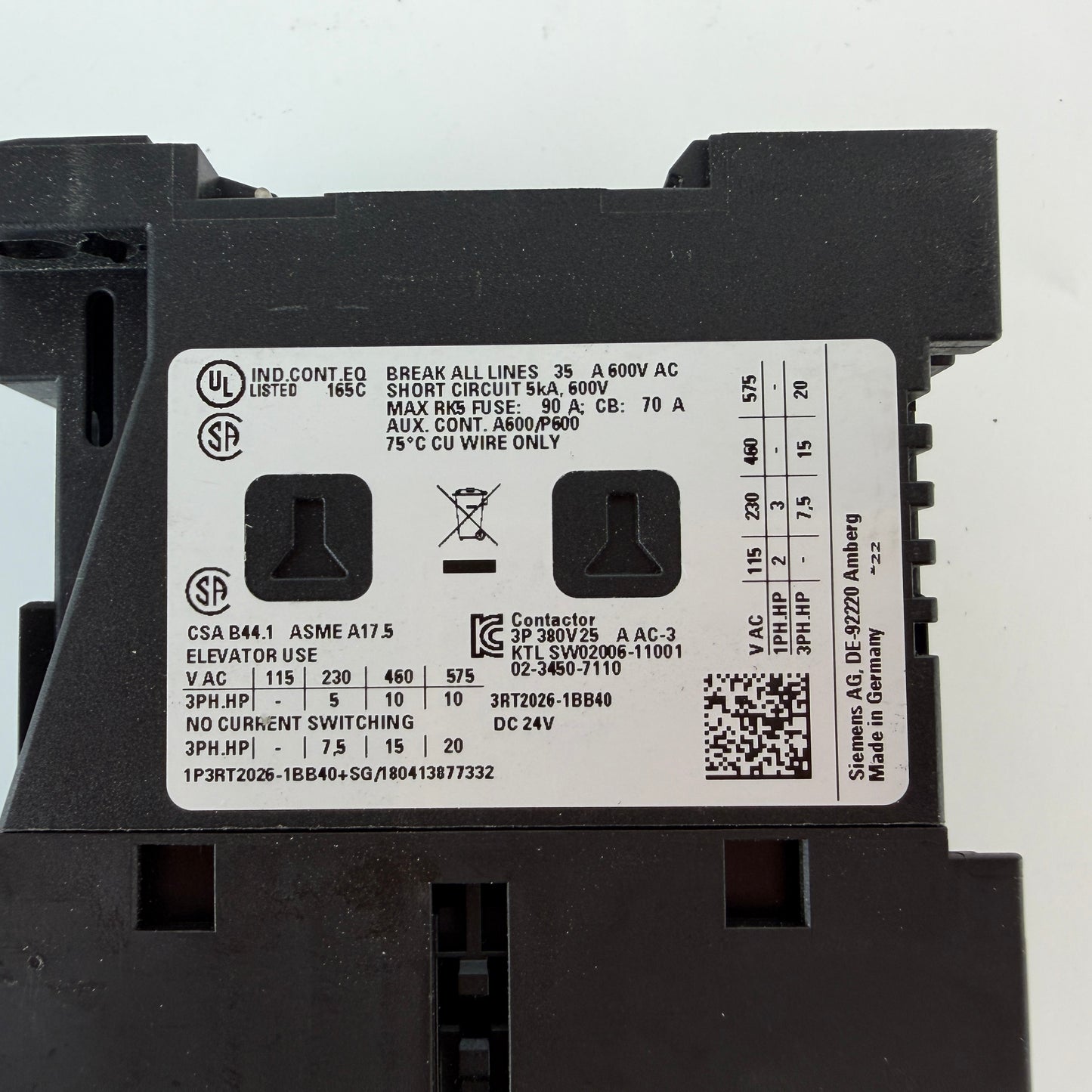 Siemens 3RT2026-1BB40 Sirius Contactor 24V DC 11kW 1NO+1NC 25A